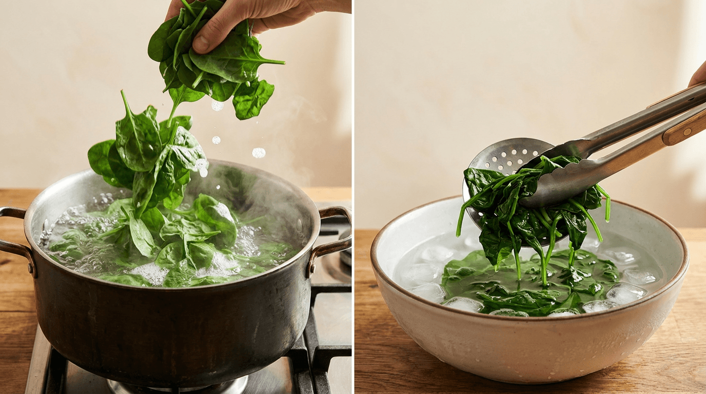 Spinach being blanched in boiling water then shocked in ice water for Palak Paneer