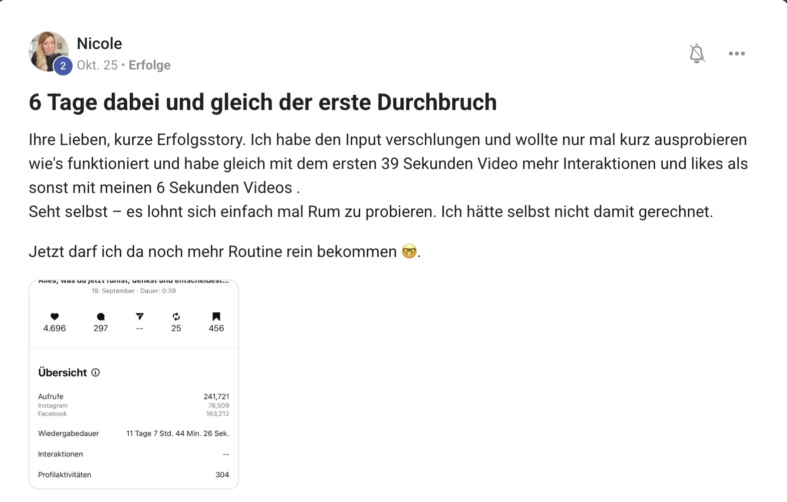Mitglied der KI Creator Akademie: Nicoles erstes Video erreicht über 241.000 Aufrufe nach 6 Tagen