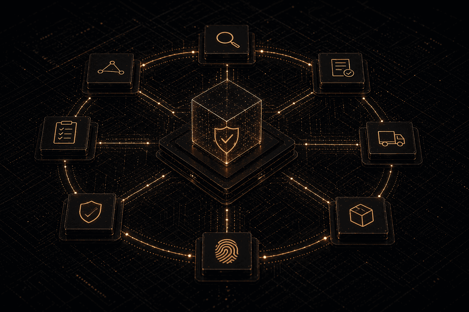Abstract dark cybernetic verification loop with a glowing central shield surrounded by connected process nodes and linked input and outcome modules, representing continuous verification across the loop, trusted decision cycles, and auditable system feedback.