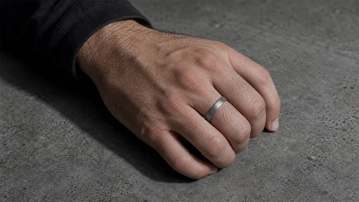 Man's hand wearing a plain silver-toned ring on a raw grey concrete tabletop