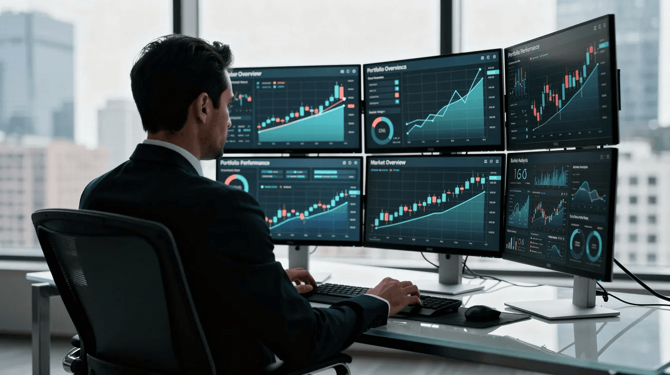 A professional financial advisor is intently reviewing investment charts displayed on multiple screens, analyzing strategies for tax loss harvesting to offset capital gains and reduce taxable income. The environment suggests a focus on optimizing tax efficiency and planning for future tax years, emphasizing the importance of informed investment decisions.