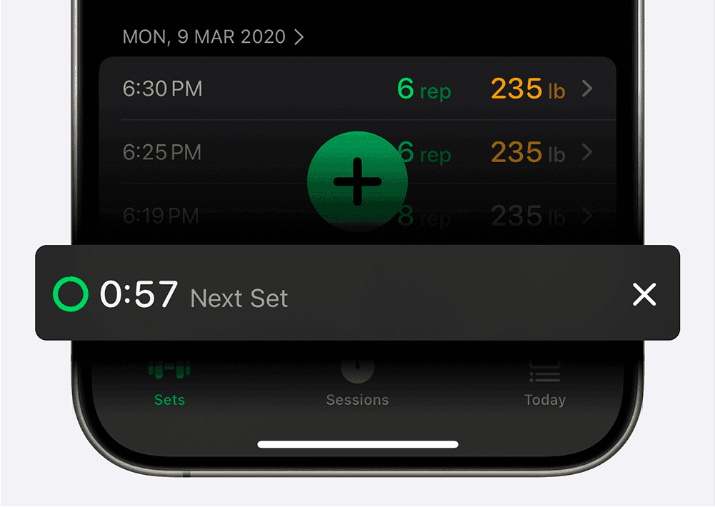 A smartphone screen displaying the Setgraph workout tracking app with a timer notification for the "Next Set." The timer is counting down, showing "0:57" with a green progress ring partially completed around the time. An "X" icon on the right allows the user to close the notification. In the background, parts of the app interface are visible, including logged workout sets with repetitions and weight (e.g., "6 rep, 235 lb") and navigation options for "Sets," "Sessions," and "Today" at the bottom.