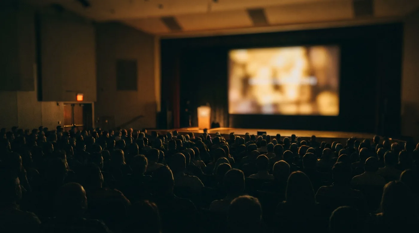 A dark cinema audience watching a lit screen