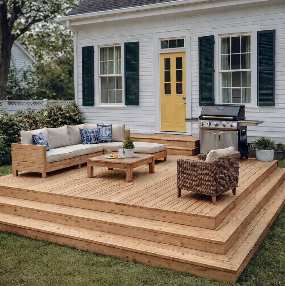 Custom-built wooden backyard deck with outdoor seating and grill.