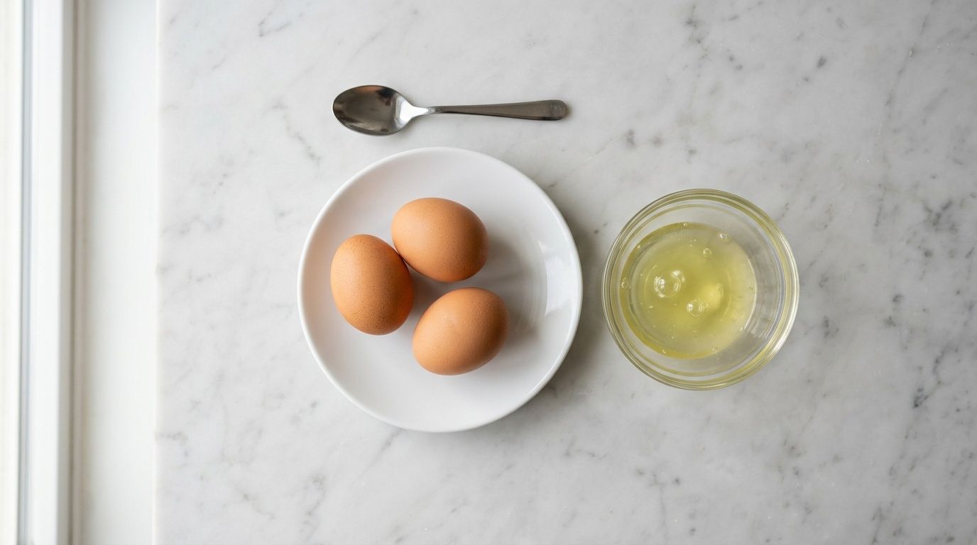 A top-down view of three brown eggs on a white plate, a small spoon, and a glass bowl of egg whites.