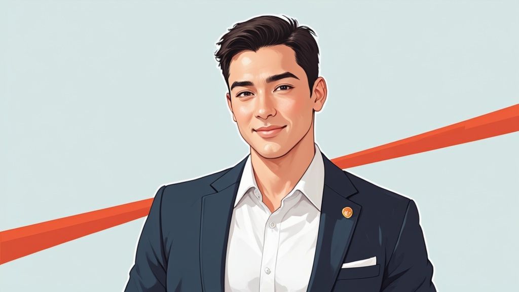 Professionelles LinkedIn-Profilbild eines jungen Mannes im dunkelblauen Anzug vor modernem Hintergrund