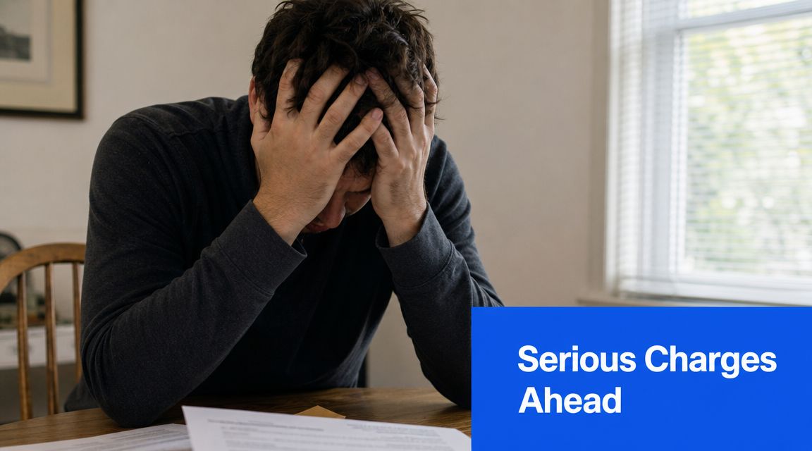 A distressed man sitting at a table with legal paperwork and a blue warning overlay.
