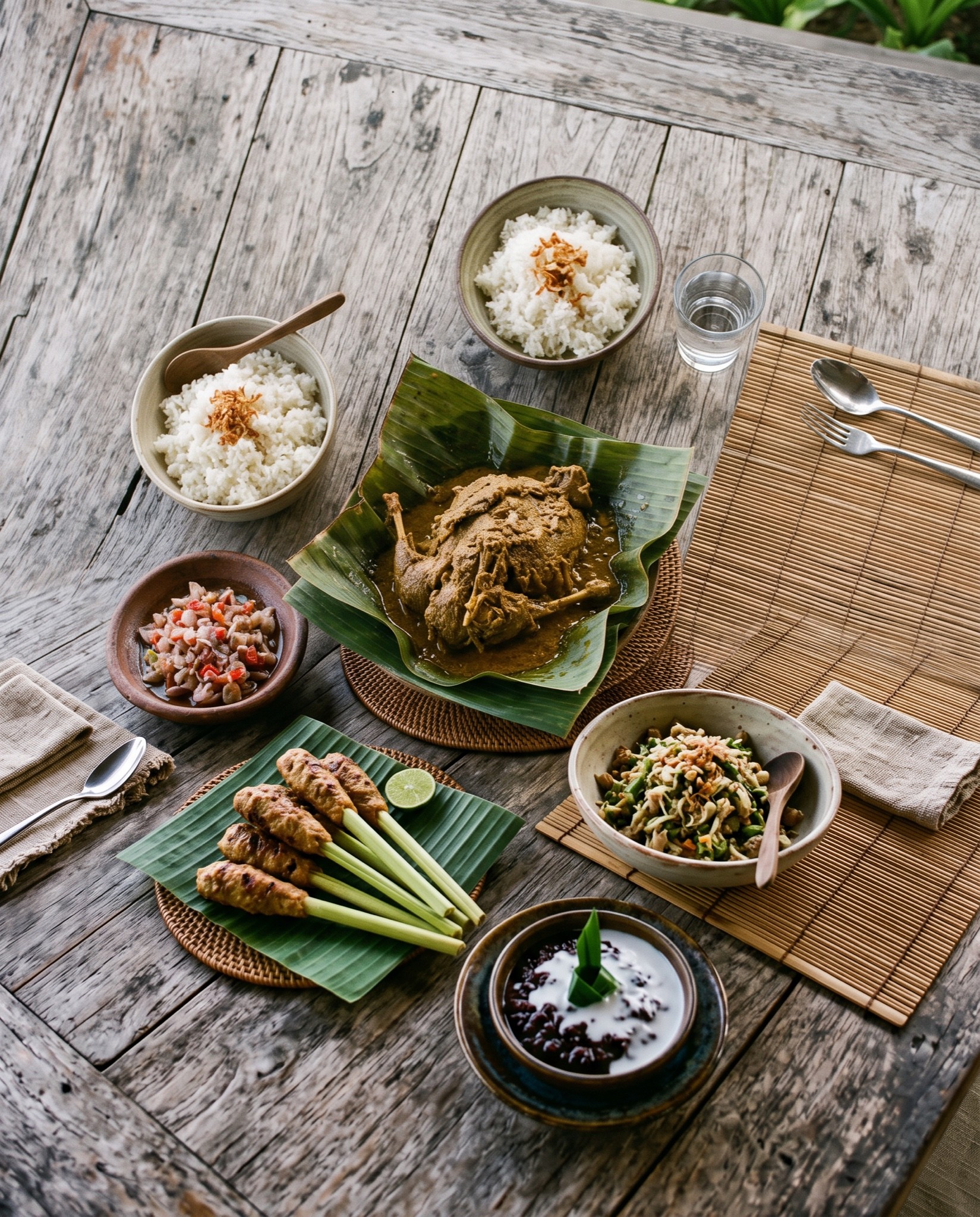 Balinese dishes on a teak table: sate lilit on lemongrass, bebek betutu in banana leaf, sambal matah, lawar and black rice pudding