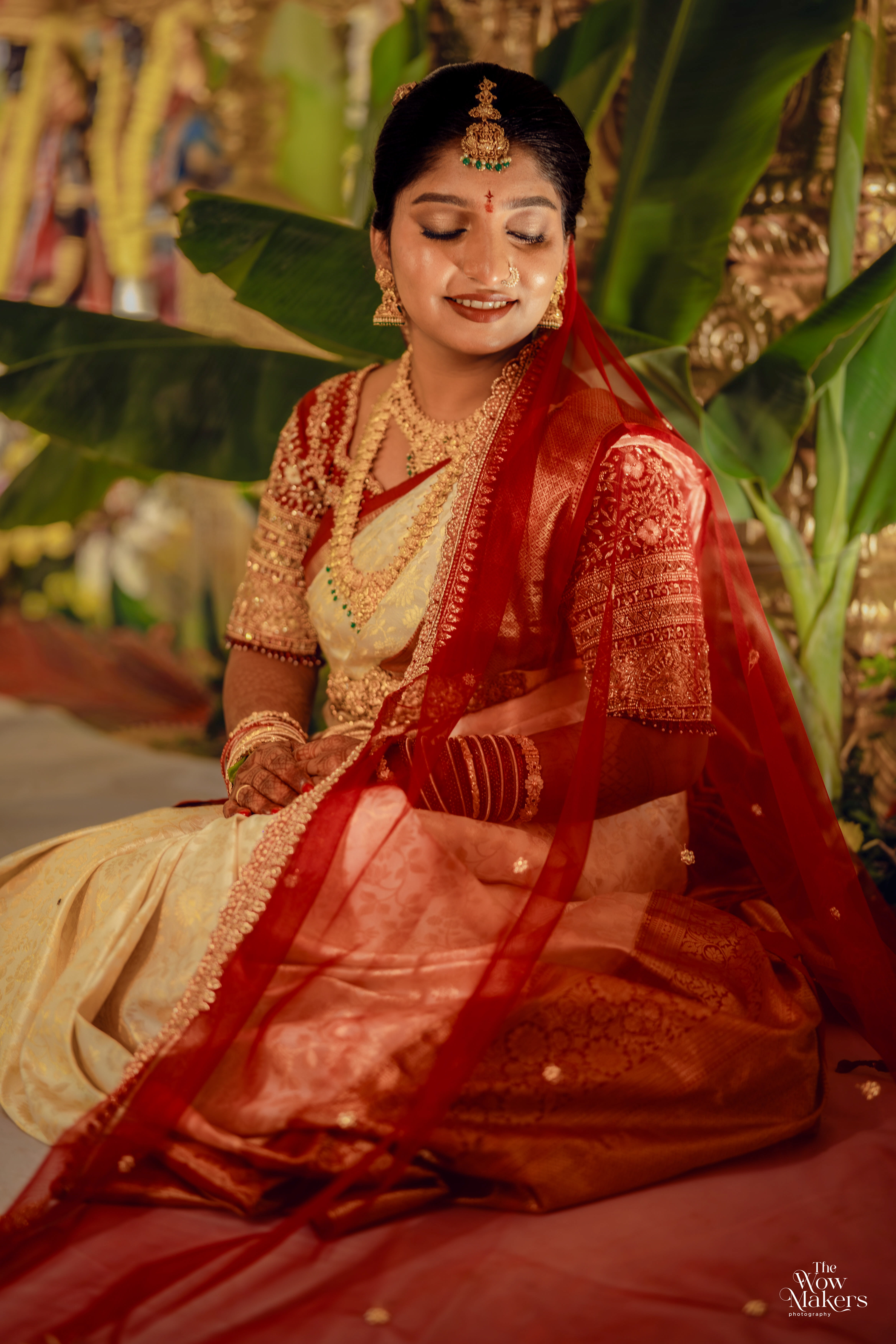 Wedding day photo collage with bride and groom in maroon and gold attire, jewelry and ring close-ups, captured by Wow Makers in Hyderabad, India."