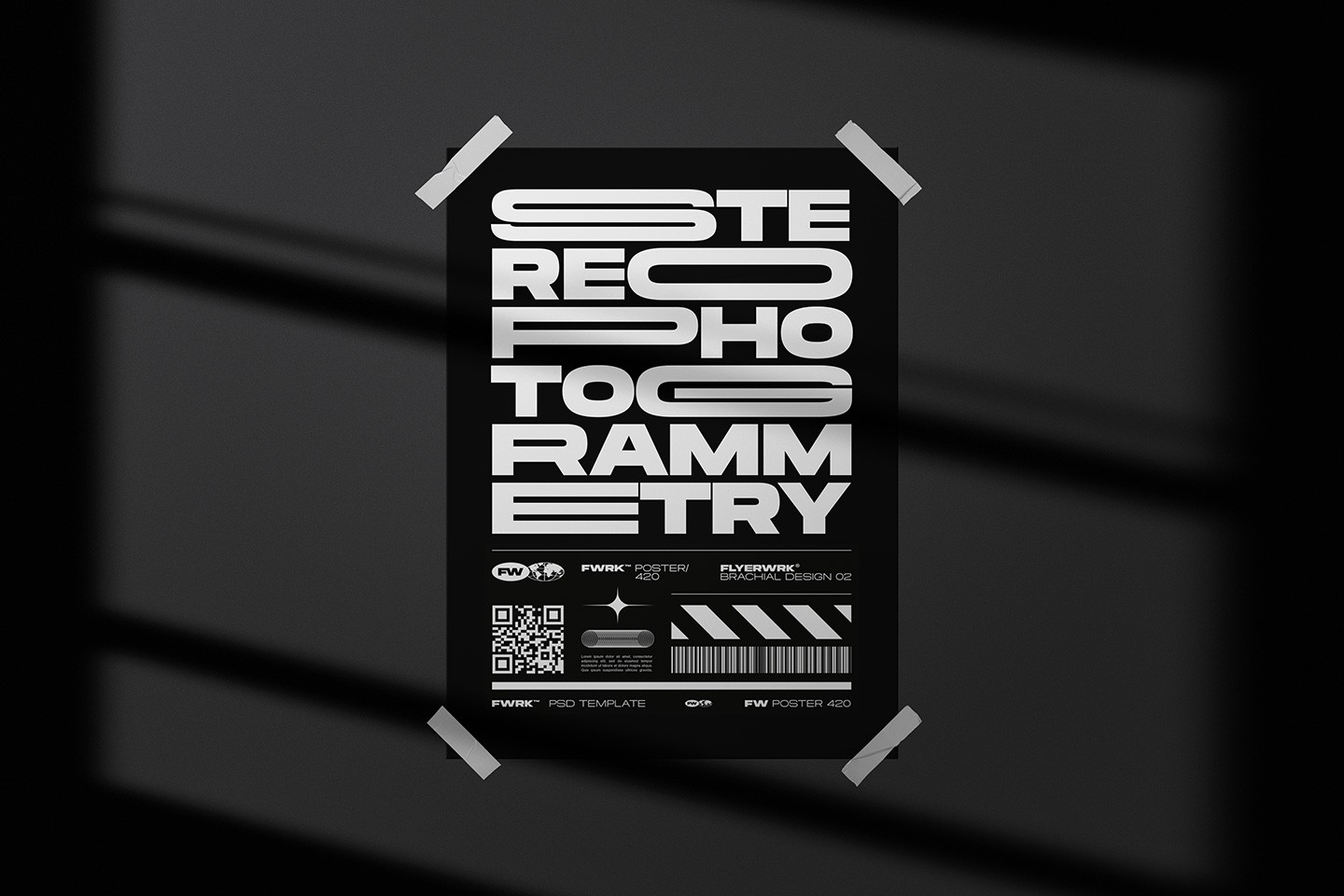 Shadow Overlays Scene Creator displaying a taped black poster with sharp window blind shadow effects