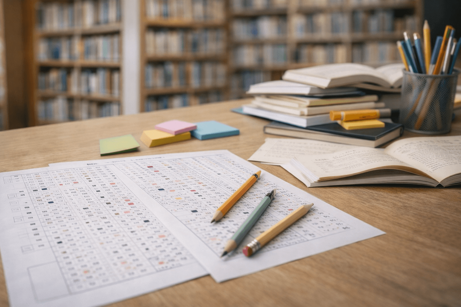 “Kütüphane ortamında masa üzerinde ALES optik formu, kalemler ve açık ders kitaplarıyla çalışma sahnesi”