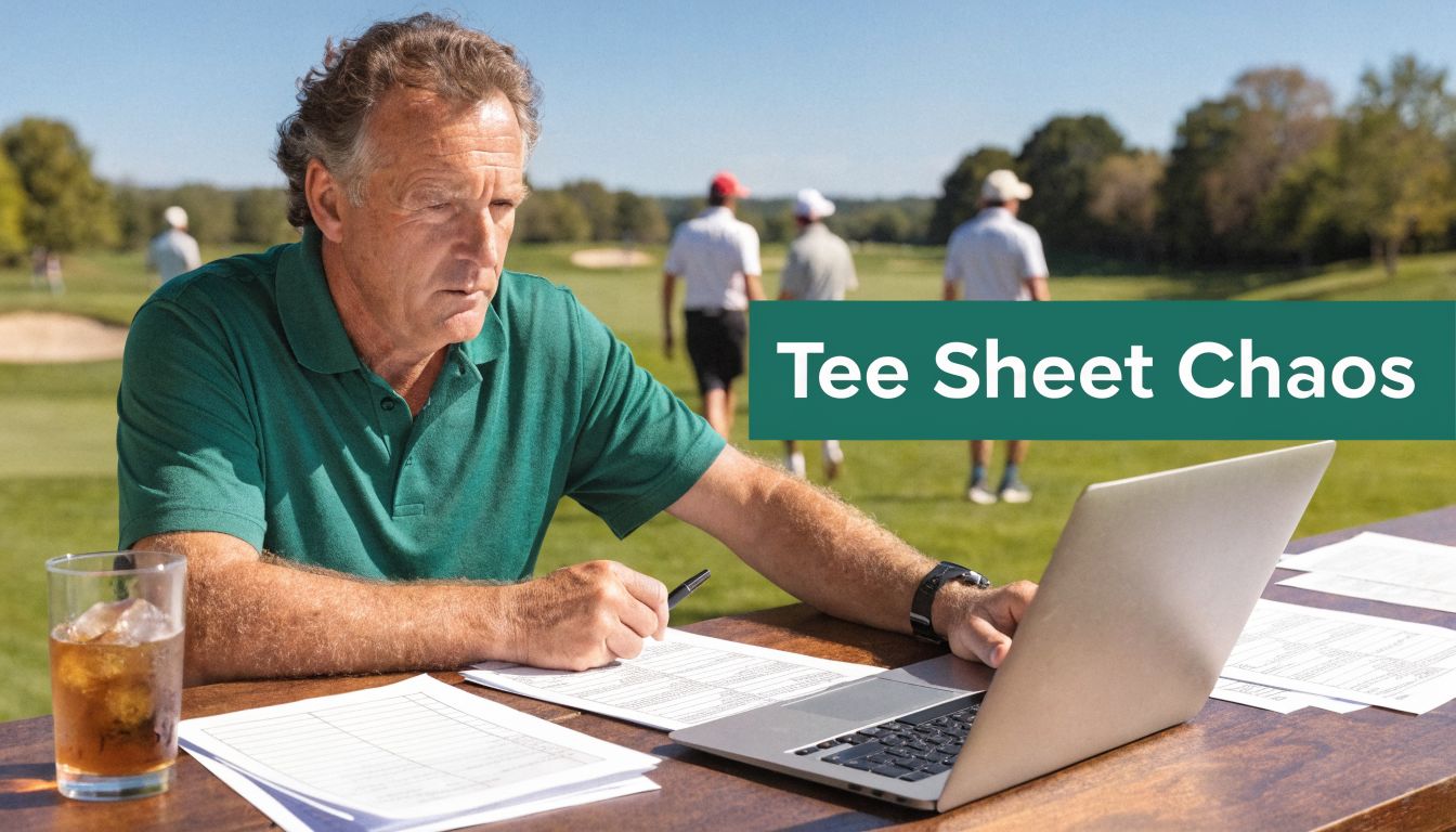 A man in a green golf shirt working on a laptop at a table on a golf course.