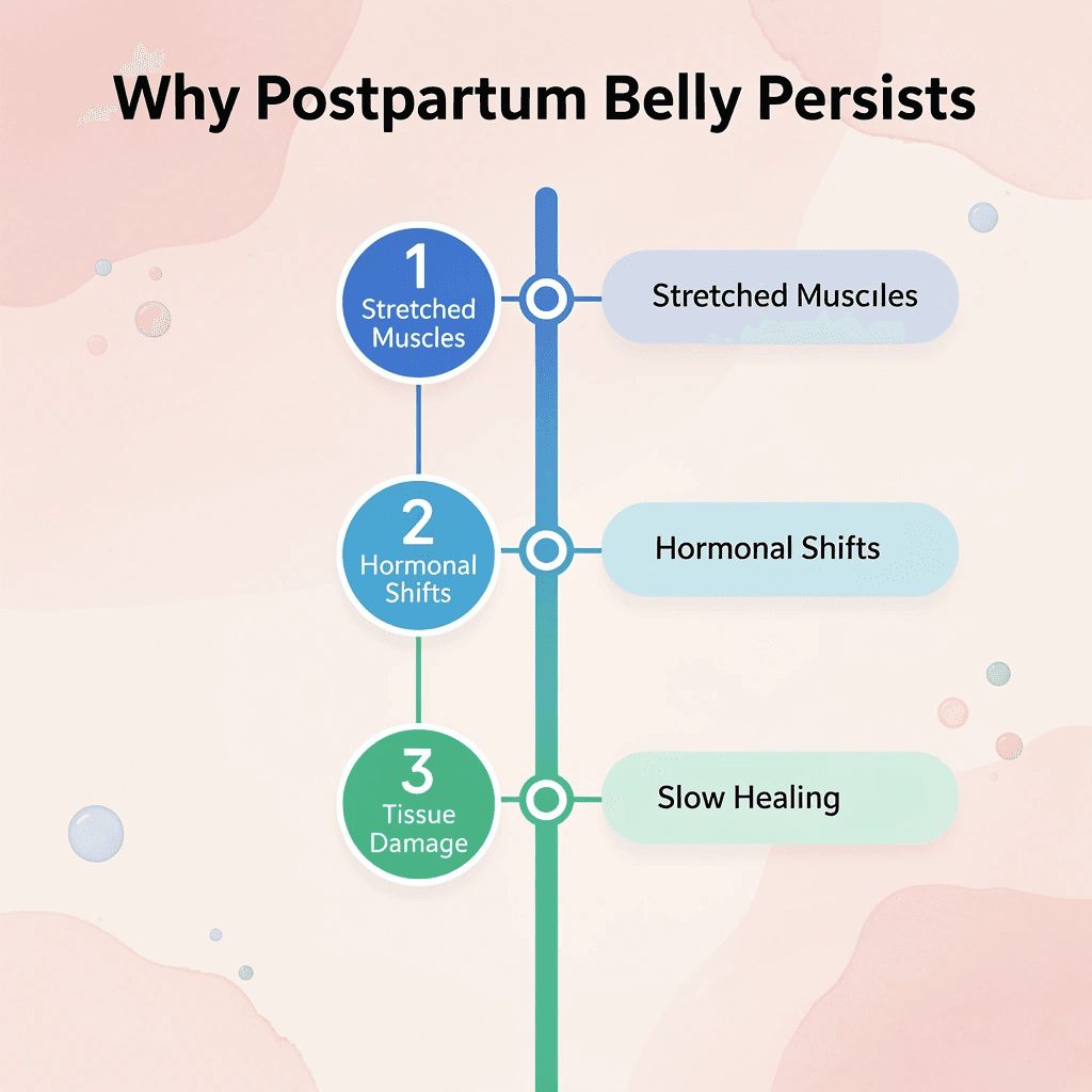 Numbered steps showing reasons postpartum belly persists