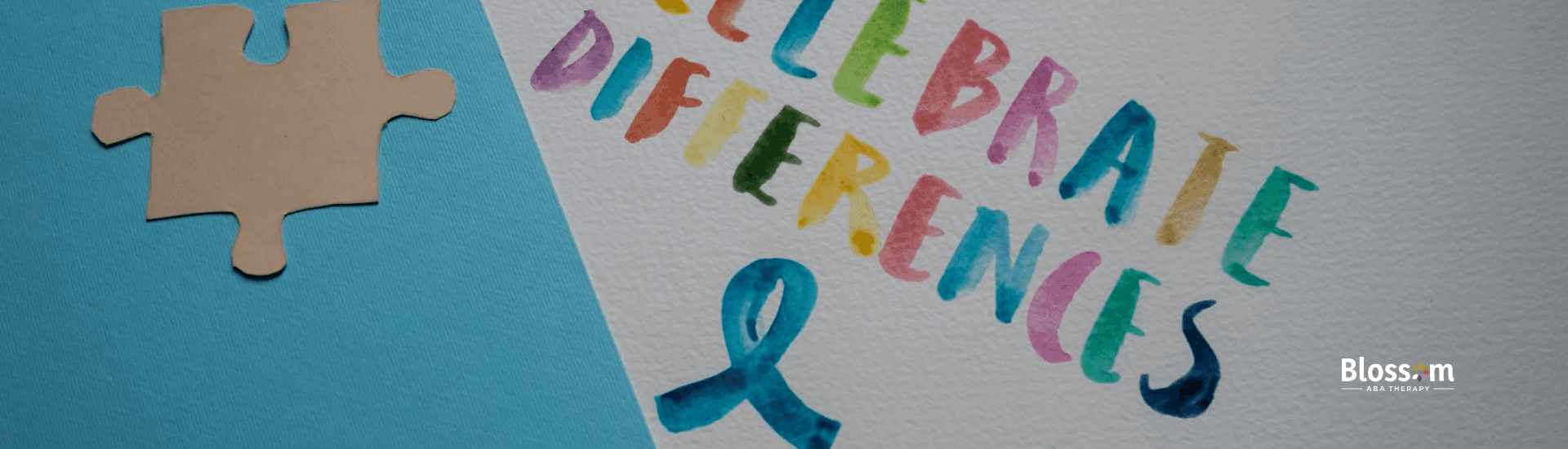 A watercolor text saying “Celebrate Differences” w/ puzzle pieces and a ribbon for autism awareness.