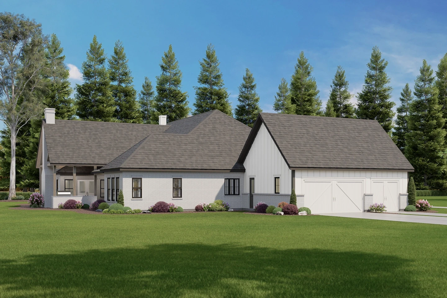 Side view of a classic American-style single-family house featuring a secondary entrance, double garage, and perimeter landscaping.