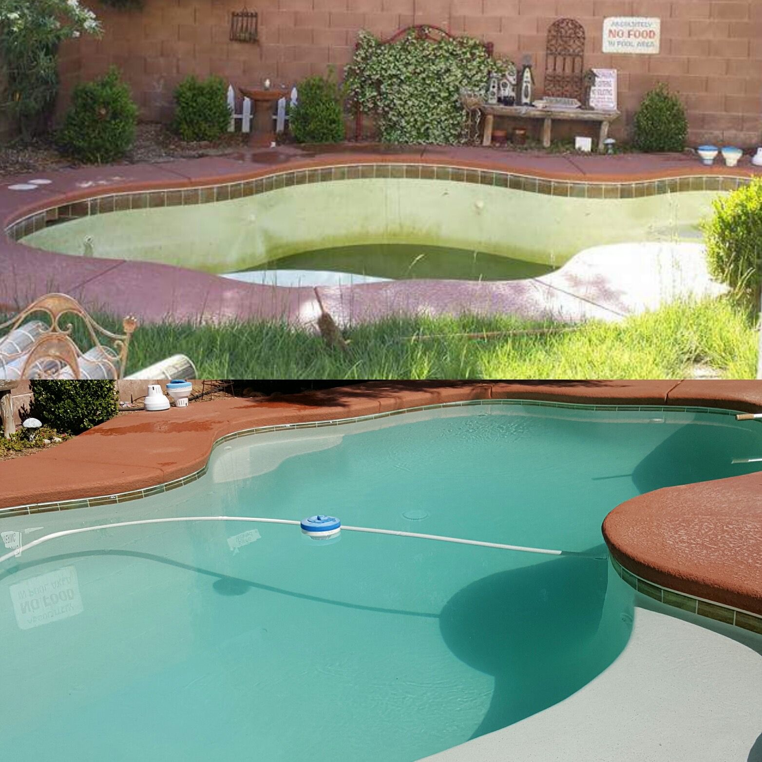 Pool being drained and pressure washed to remove buildup and stains