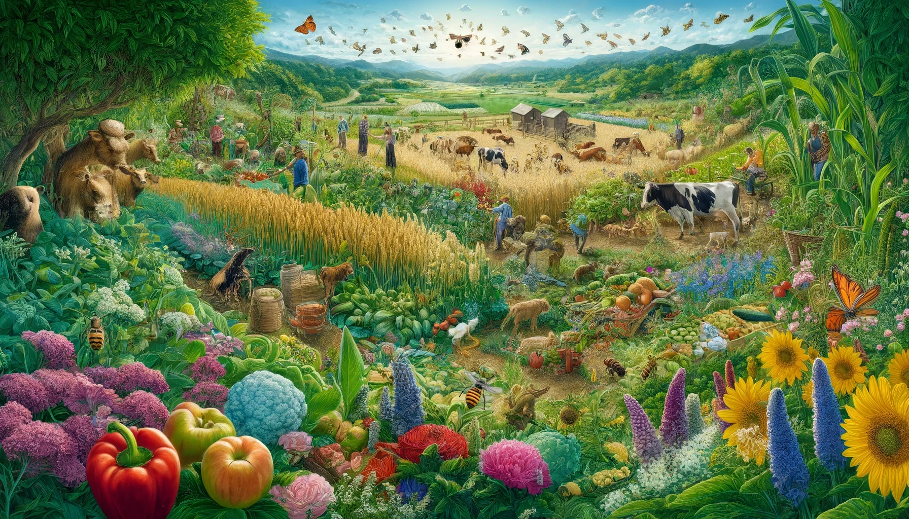 The image is a richly detailed and idyllic depiction of a diverse agricultural ecosystem. Key elements of the image include:  Variety of Vegetation: The foreground is filled with a wide variety of plants and flowers, including sunflowers, lupines, and other colorful blooms. There are also vegetables like bell peppers, cauliflower, and apples, indicating a rich and diverse crop yield.  Animals and Insects: The scene is teeming with life, featuring cows, goats, chickens, bees, and butterflies. These animals are spread throughout the fields, highlighting a harmonious coexistence of livestock and agriculture.  Farmers at Work: Several farmers are depicted engaged in various agricultural activities such as planting, watering, and harvesting crops. Their presence indicates a strong human involvement and community effort in maintaining the farm.  Fields and Crops: The middle ground showcases fields of wheat and other crops, with farmers tending to them. The fields are well-organized and lush, demonstrating effective and sustainable farming practices.  Natural Landscape: The background features rolling hills and forests, providing a scenic and natural backdrop to the farming activities. The landscape suggests a balance between cultivated land and wild nature.  Birds and Pollinators: The sky is filled with birds and butterflies, indicating a healthy ecosystem with active pollination and biodiversity.  Traditional Farming Elements: There are traditional farming tools and baskets scattered throughout the scene, adding to the rustic and authentic feel of the setting.  Farm Structures: In the distance, there are barns and farmhouses, indicating where the produce and livestock are managed and stored.  Water Source: A small stream or irrigation channel runs through the farm, ensuring that the plants receive adequate water.  Community and Coexistence: The overall scene depicts a vibrant and thriving agricultural community where humans, animals, and plants coexist in a balanced and sustainable environment.  This image portrays an idealized vision of sustainable agriculture, rich biodiversity, and harmonious living, showcasing the potential of integrated farming practices to create a balanced and productive ecosystem.