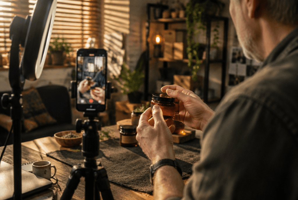 Small business owner filming a product video in a home studio with a ring light