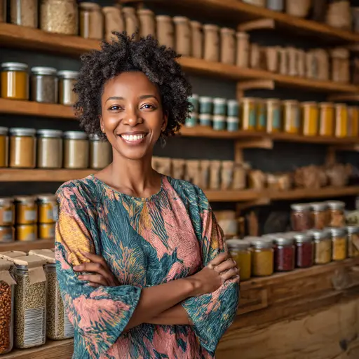 Femme souriante dans une épicerie en vrac artisanale. - Women in Afrofood