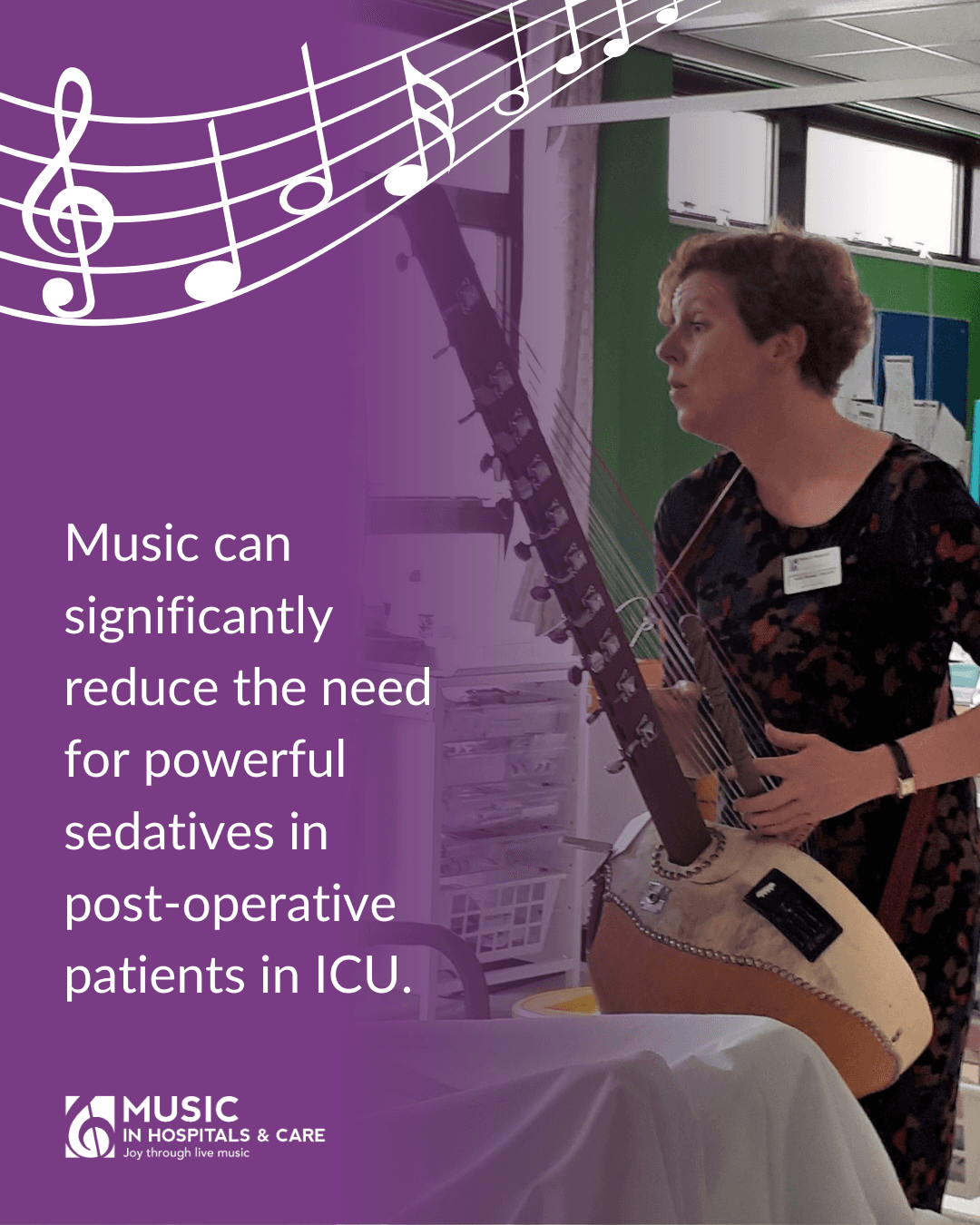 Graphic with a lady playing a kora in a hospital environment with a sentence about the power of music.