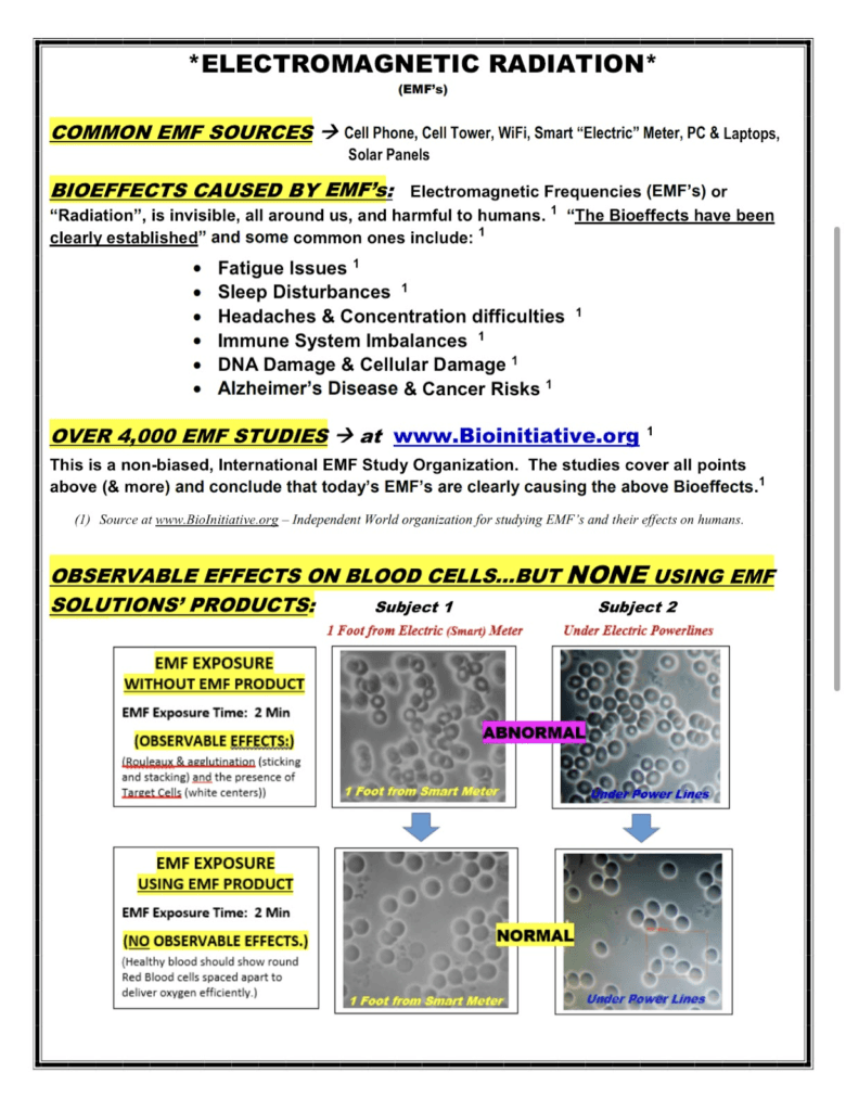 Educational graphic listing common EMF sources and symptoms, with microscope images of blood cell changes under EMF exposure.