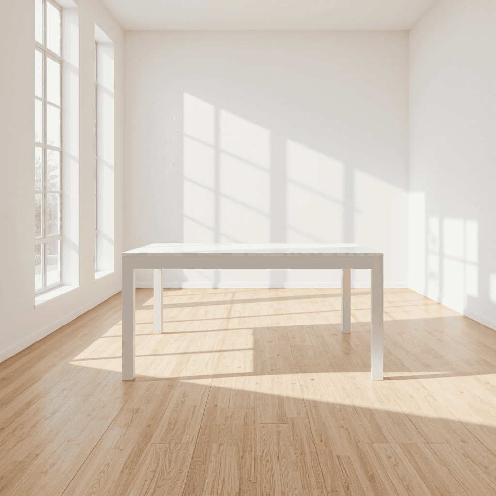 product photography of a rectangular dining table with a minimalist design, suitable for various settings