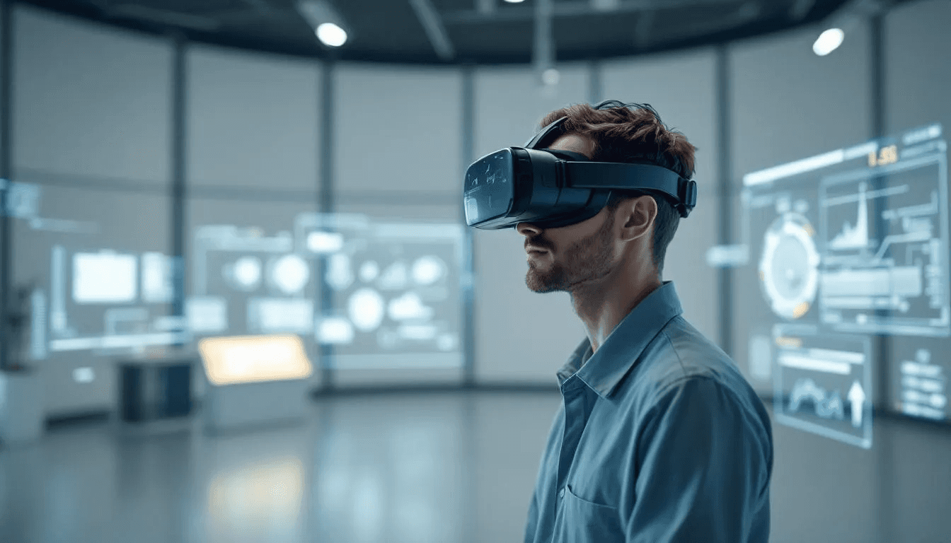 Une personne porte un casque de réalité virtuelle, engagée dans un environnement de formation immersive. Cette expérience de digital learning sur mesure permet aux apprenants de développer leurs compétences de manière interactive et innovante.