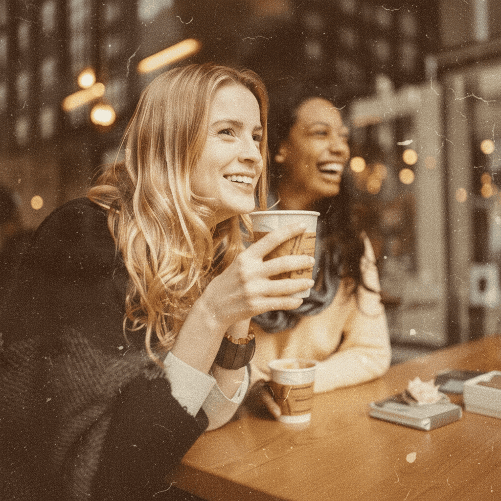 Two smiling young women enjoying drinks at a café, surrounded by city scenery. Warm, cozy atmosphere.