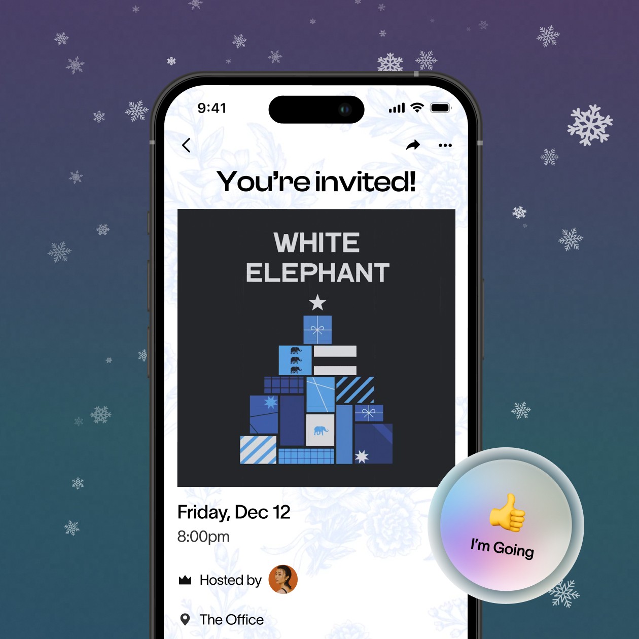 Smartphone displaying a Partiful White Elephant party invitation with stacked blue gifts and a snowflake background