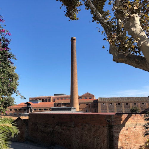 Высокий кирпичный дымоход среди красных кирпичных зданий, окруженный деревьями и ясным голубым небом.