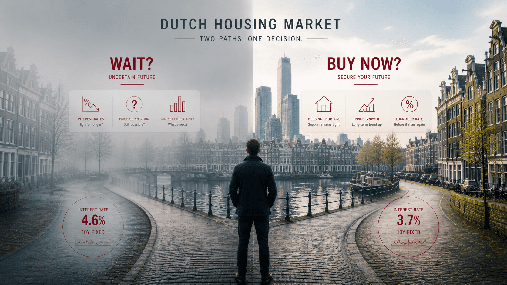 Dutch housing market decision concept with buyer choosing between waiting or buying now in Amsterdam