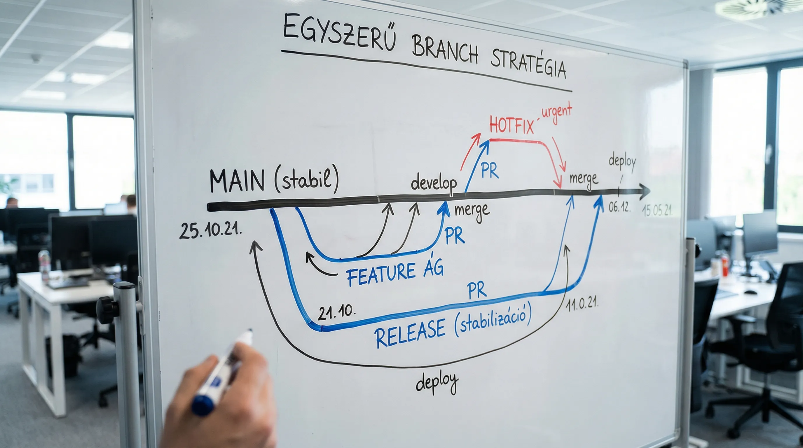 Egyszerű branch stratégia ábra: main ág, rövid feature branchek PR-rel vissza a main-be, opcionális release branch a stabilizációhoz, valamint hotfix ág PR-rel.