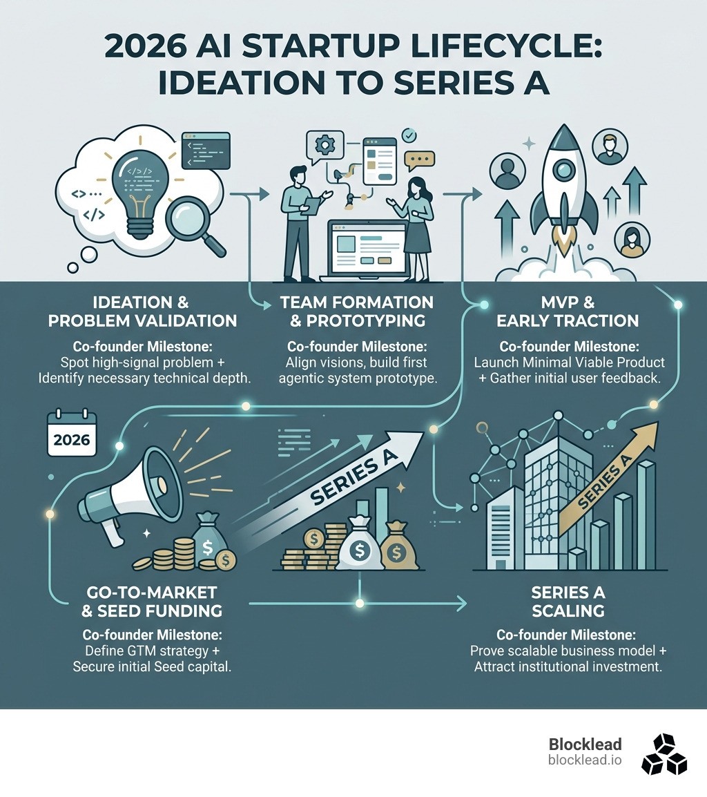 2026 AI startup lifecycle from ideation to Series A with co-founder milestones - co-founding ai companies infographic 