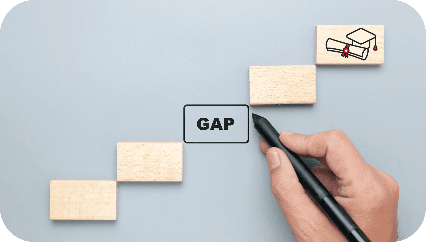 A hand drawing a gap between stairs leading to a diploma, illustrating missing university prerequisites.