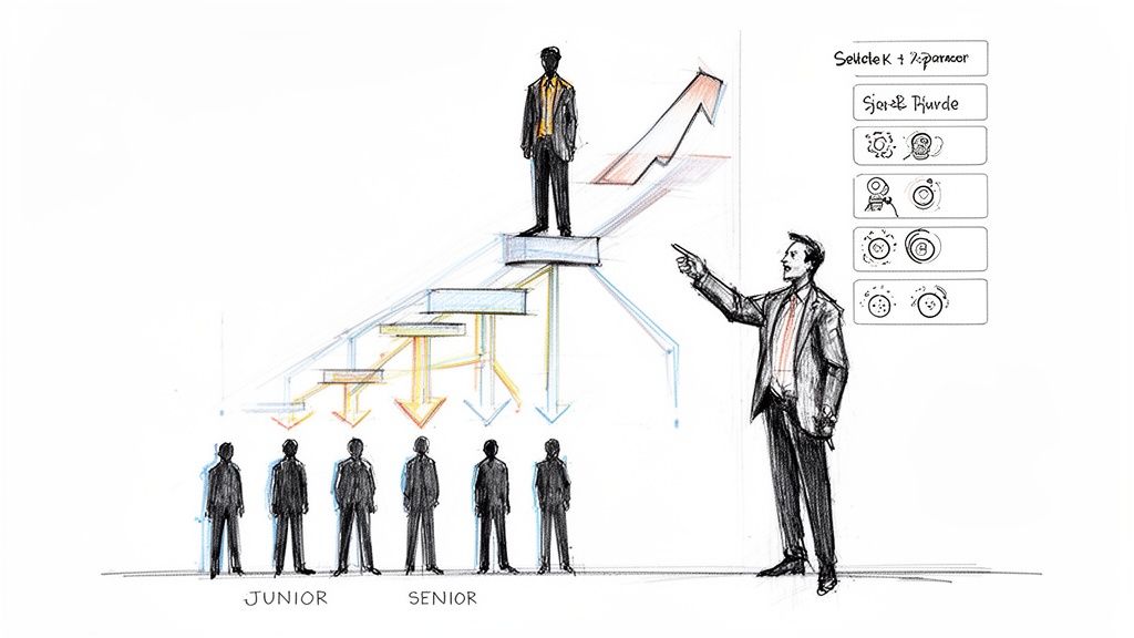 A diagram illustrating career growth from junior to senior, with mentorship and skill progression.