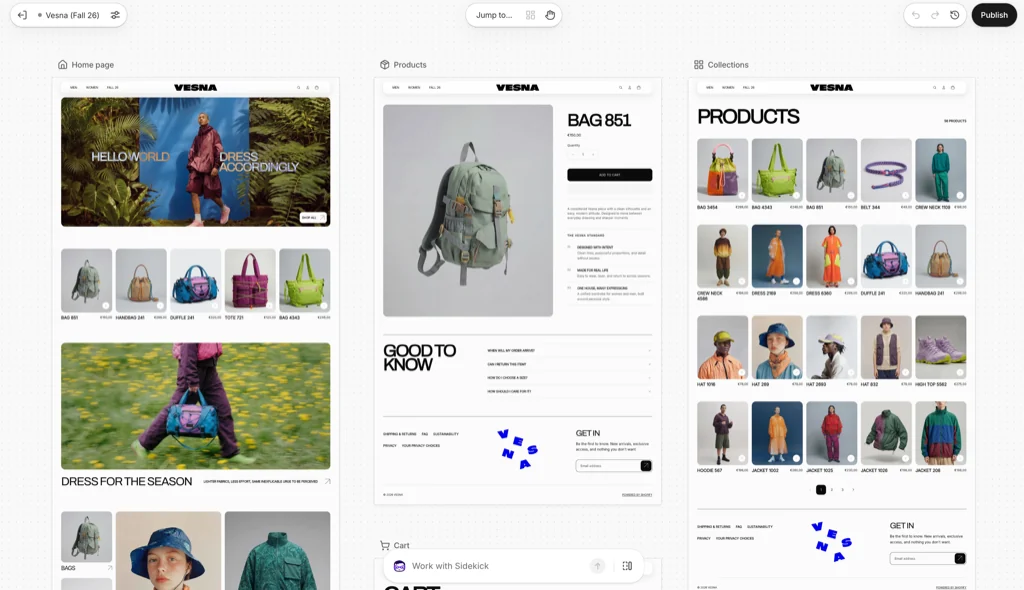 Shopify Canvas showing the homepage, product and collection templates of the Vesna demo store side by side