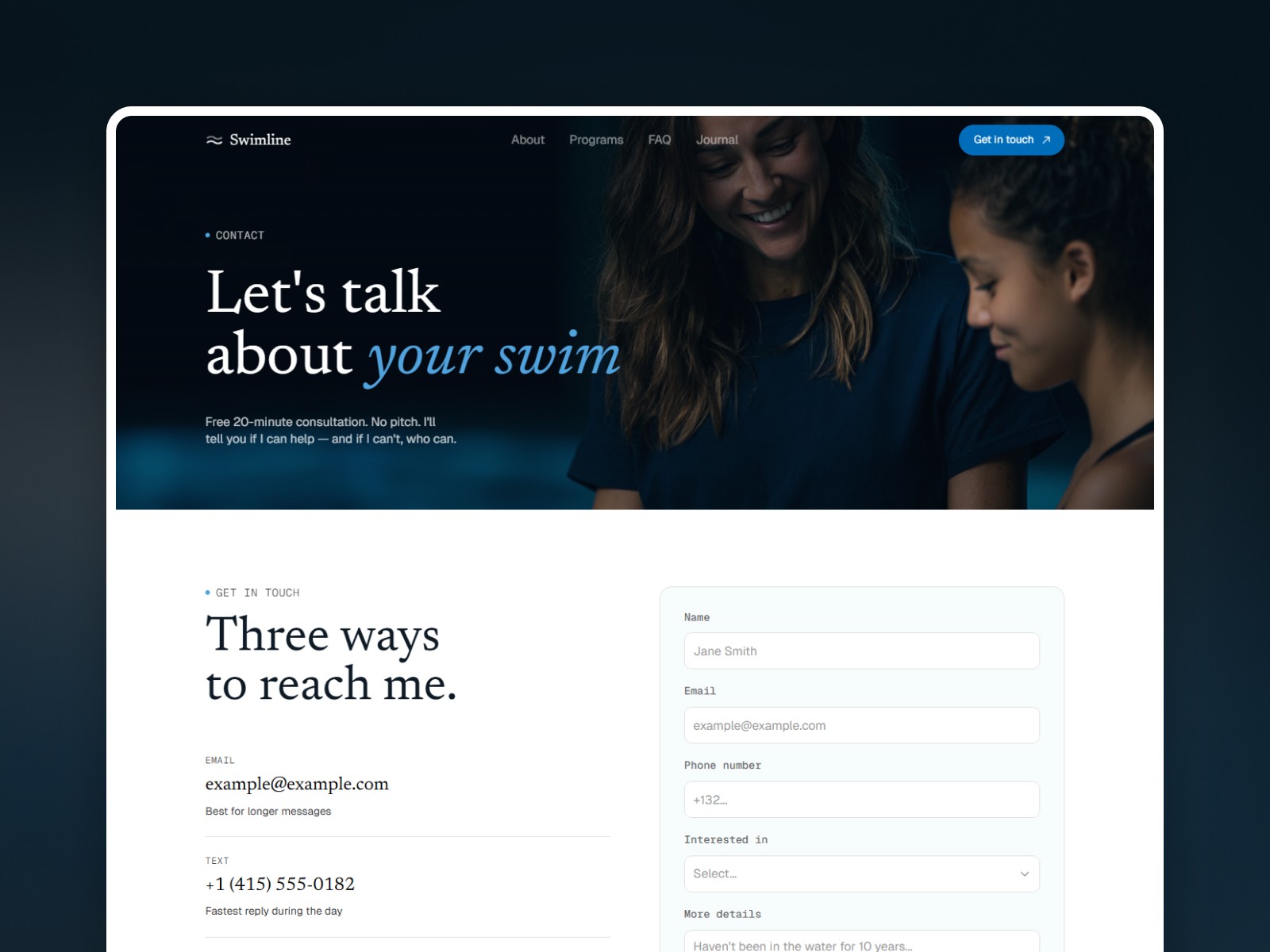Swimline Framer template – contact page with coaching headline and reach out form
