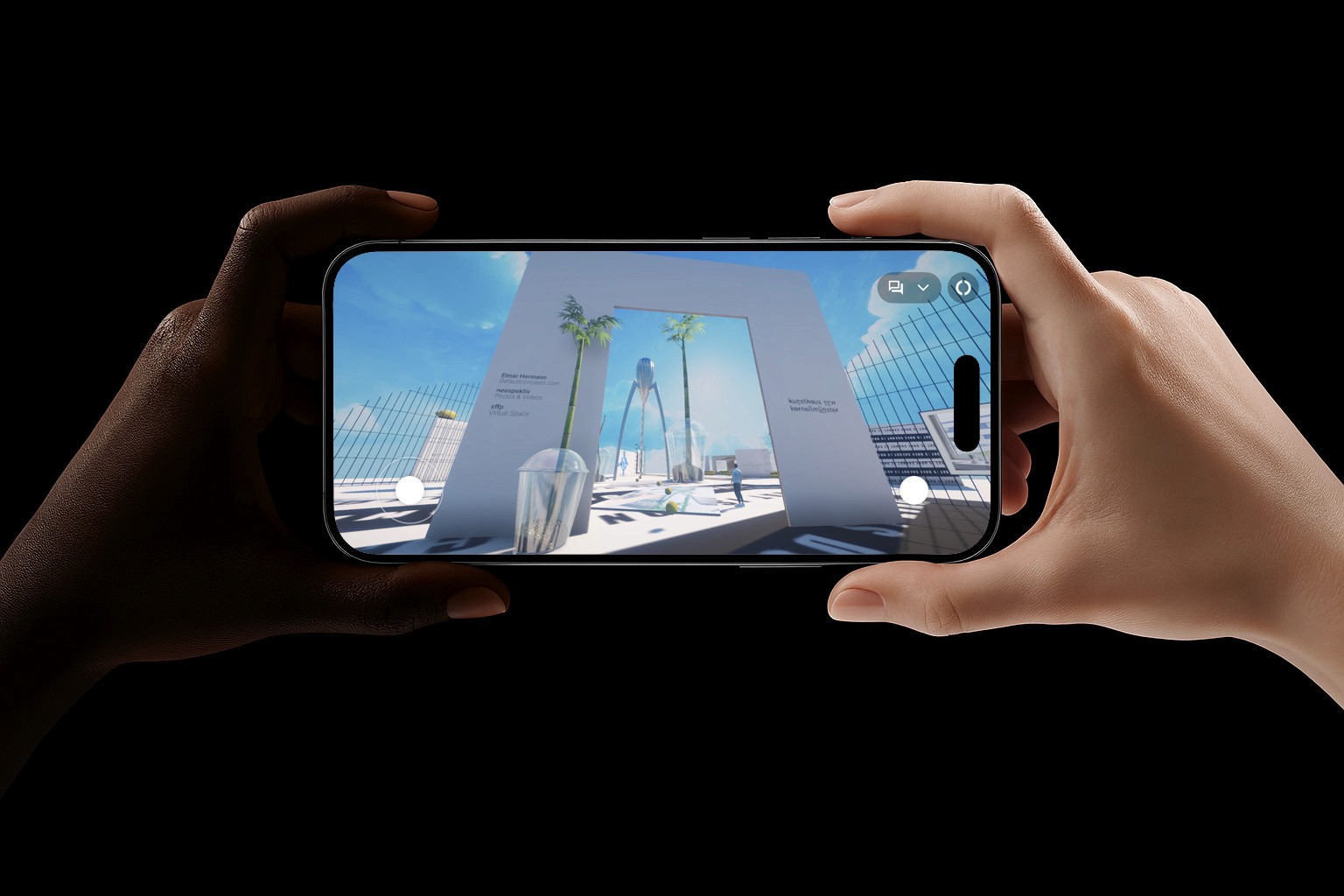 Two hands holding iPhone, Interactive Virtual Space