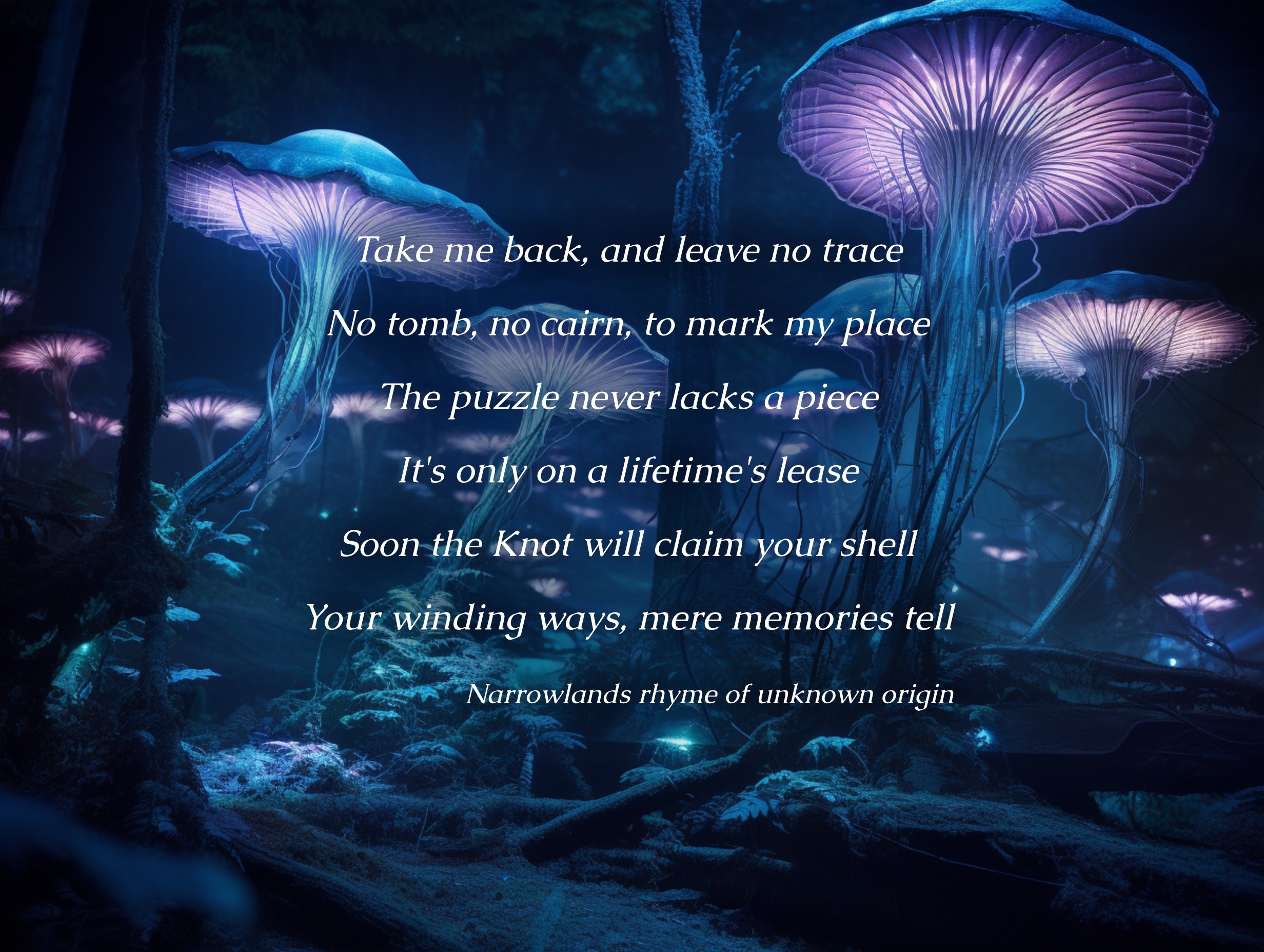 Giant mushrooms growing in a cave.  They glow purple and blue casting an eerie light.