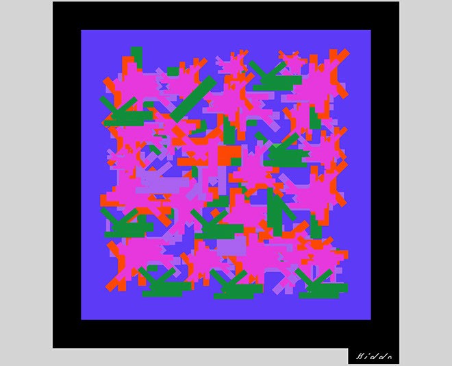 A digital abstract artwork on a purple background features scattered pink and orange shapes resembling leaves and branches, interspersed with green rectangular forms. A black border frames the composition, and a signature appears in the bottom right corner.
