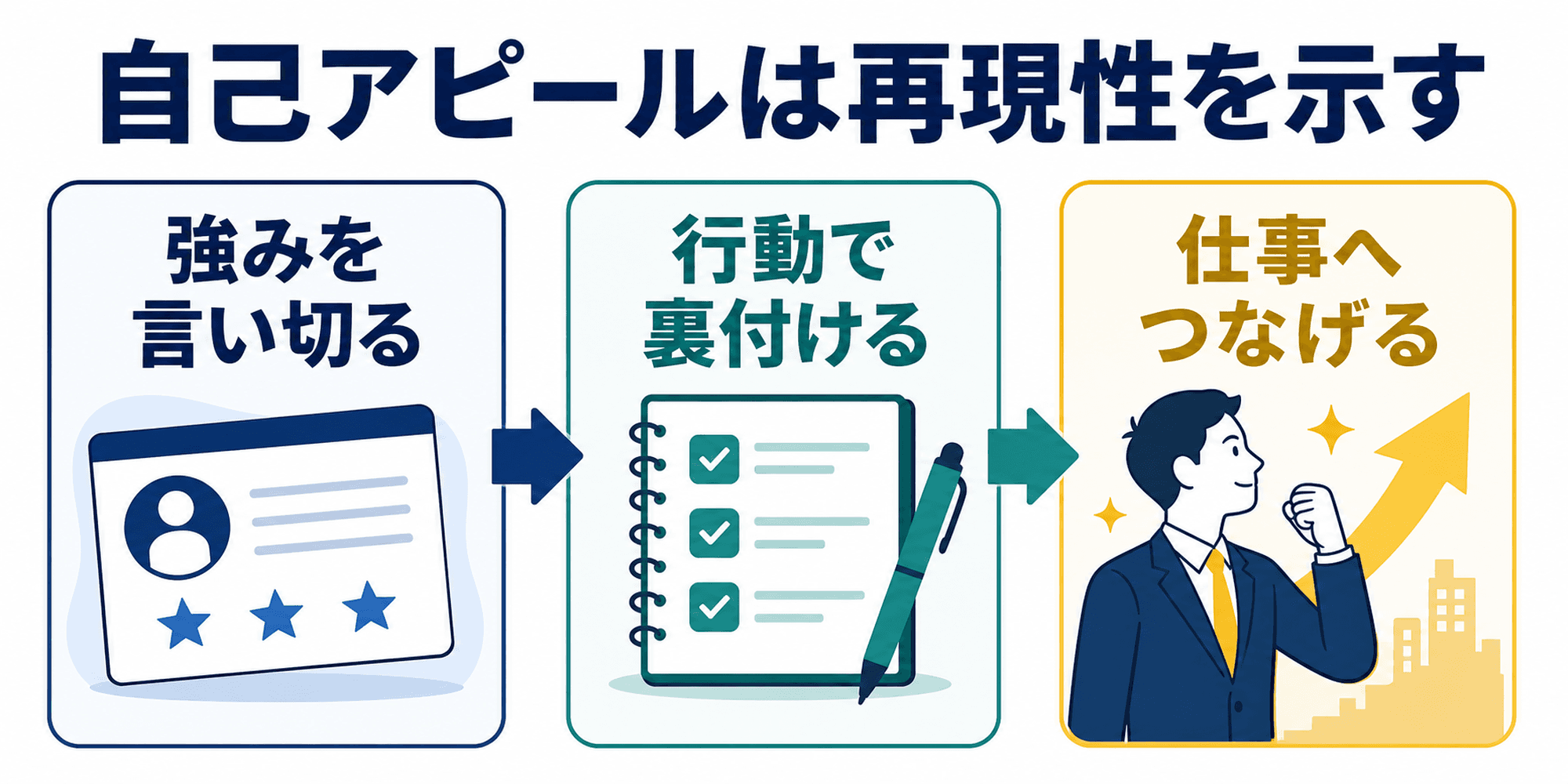 自己PRで強みを行動と仕事への再現性につなげる流れを示した図