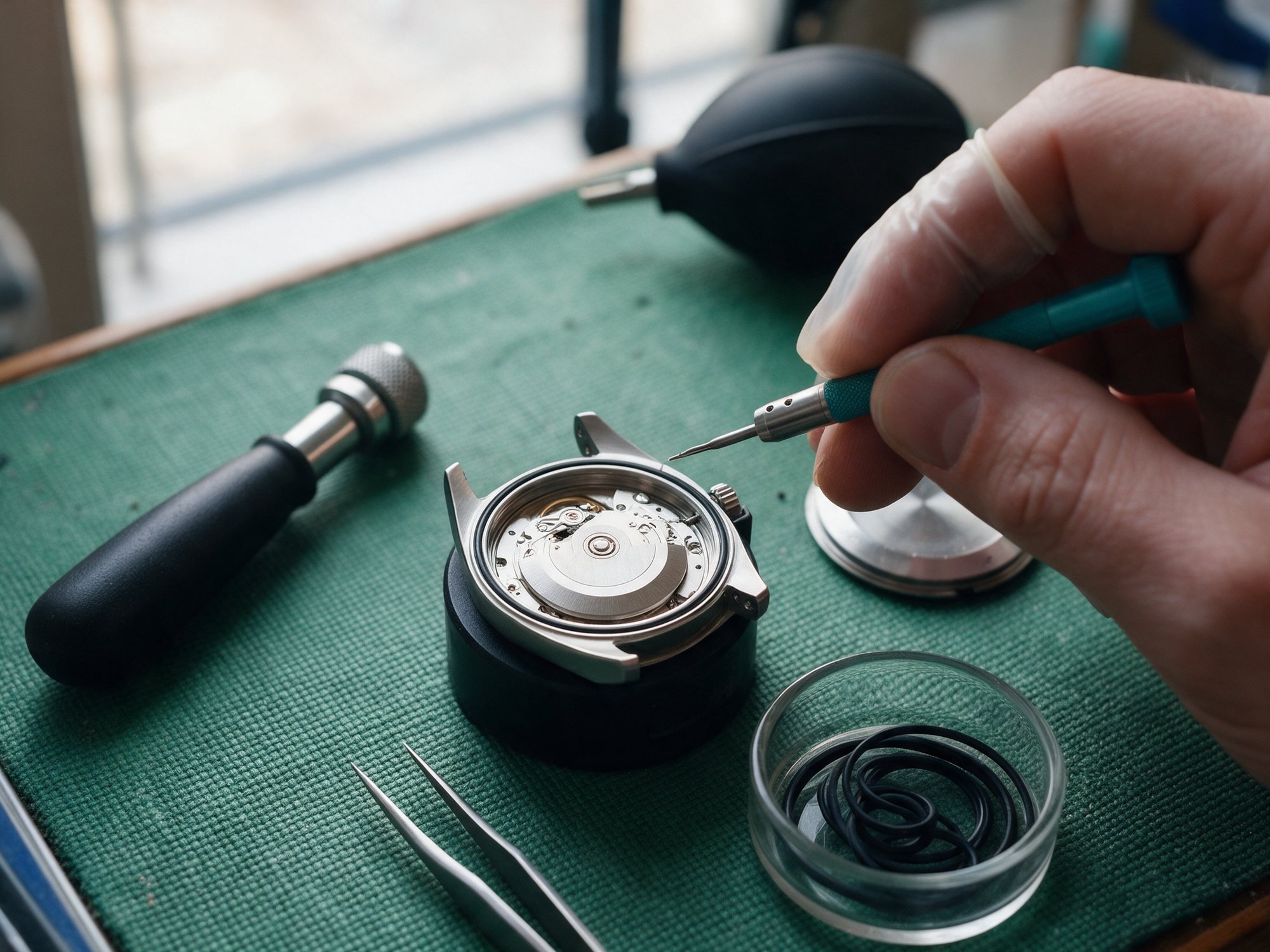 Gloved hand with a screwdriver over a Middle 39 opened face-down in a movement holder