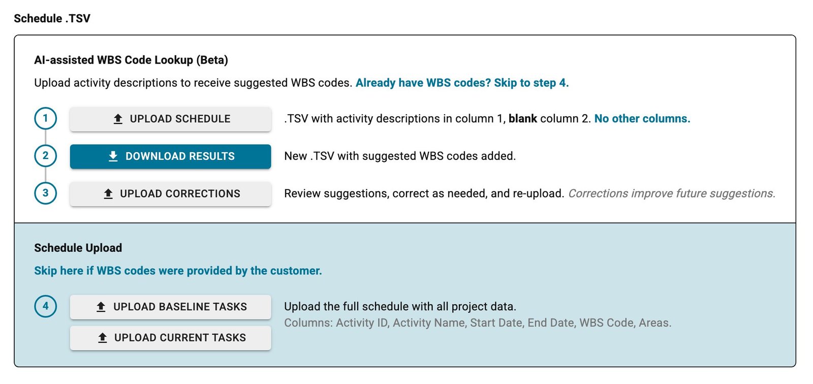 Phase 1 MVP UI: AI-assisted WBS lookup panel with three numbered upload, download, and correct steps above the regular schedule upload form.