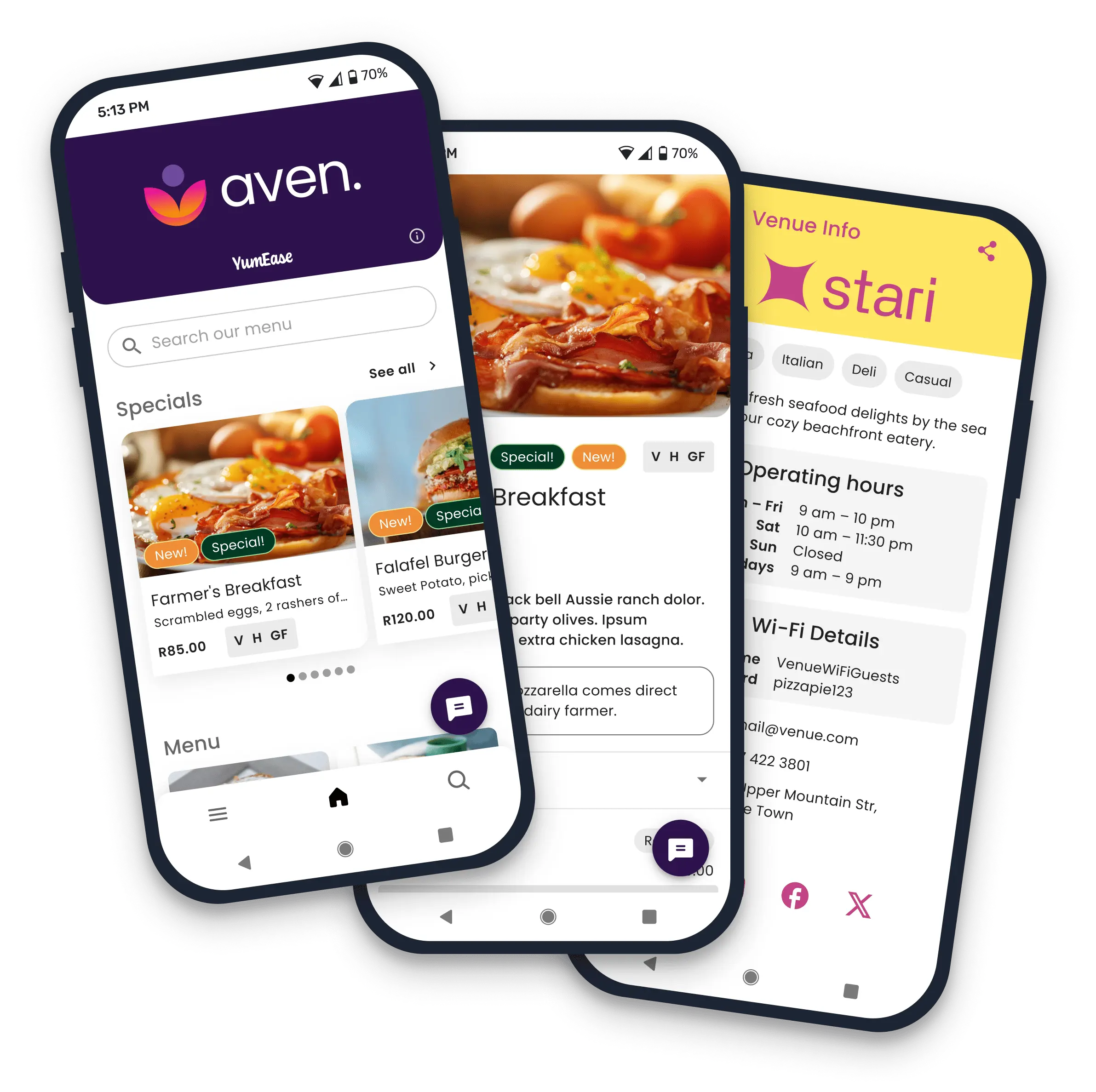Three smartphones displaying the YumEase interactive digital menu interface, showing a restaurant's specials, menu items, and venue info