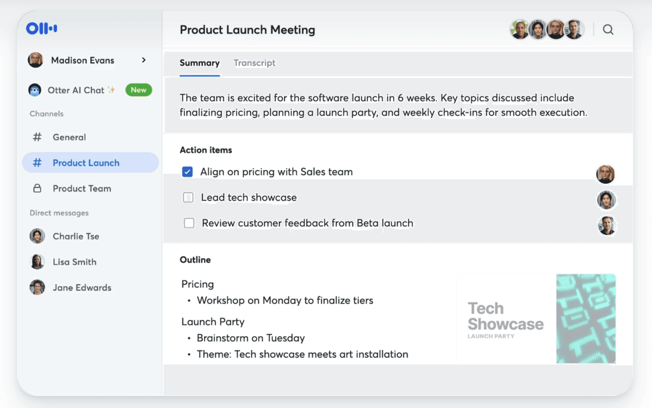 A screenshot showcasing Otter.ai's interface during a product launch meeting, highlighting its capabilities in transcribing and organizing meetings efficiently.