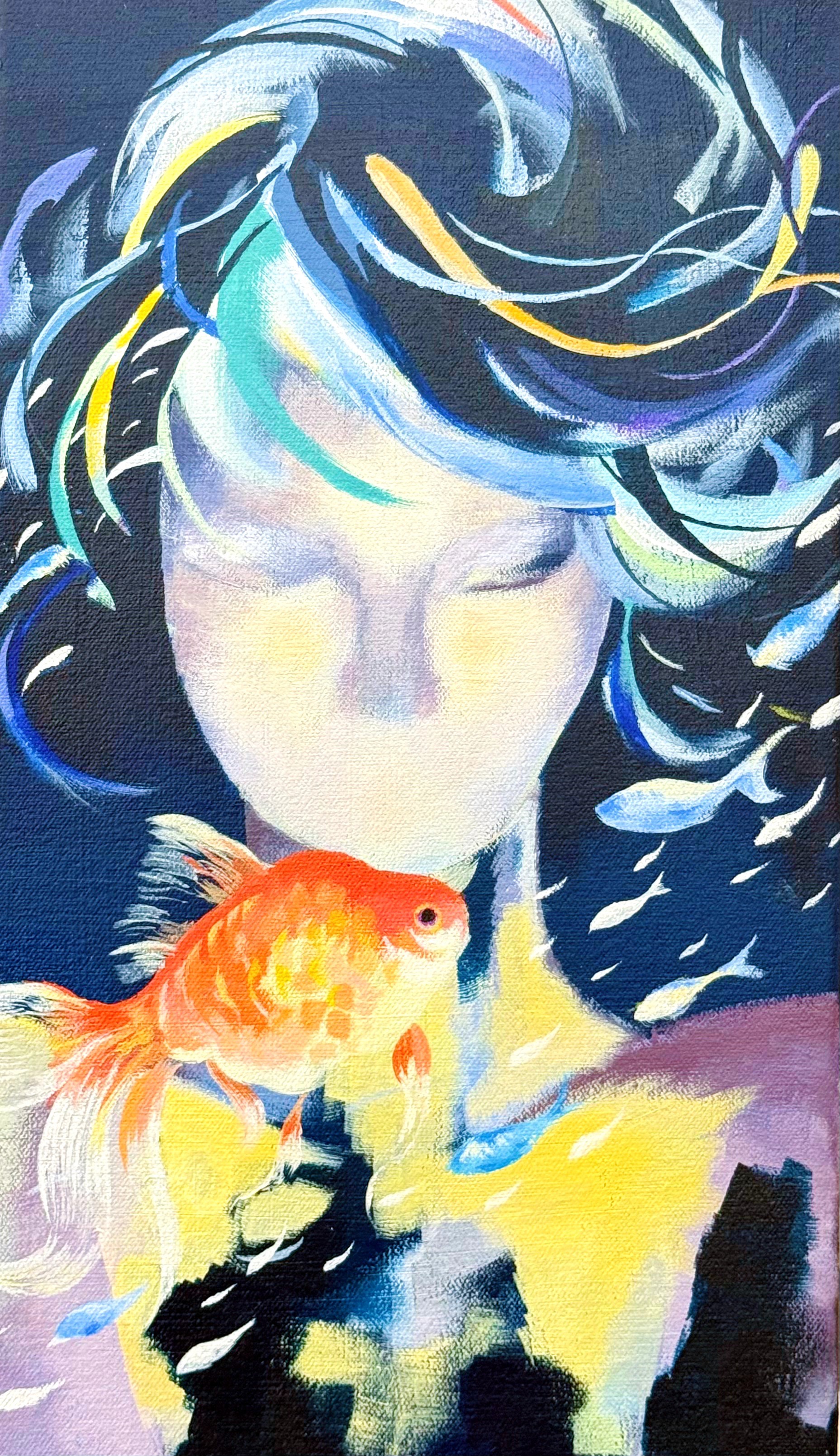 A fluffy gray rabbit rests on a floral chair.