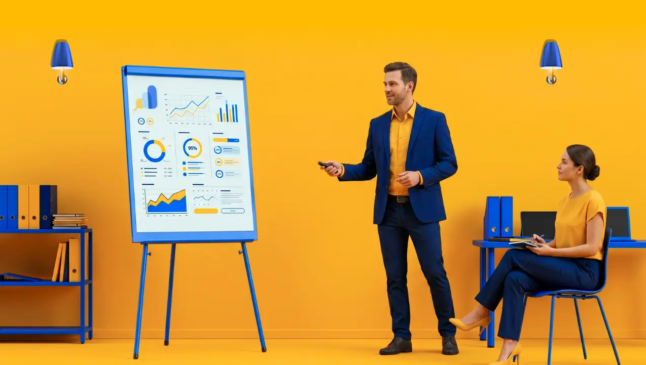 Man presenting Generative AI performance reports on a whiteboard in a vibrant office.