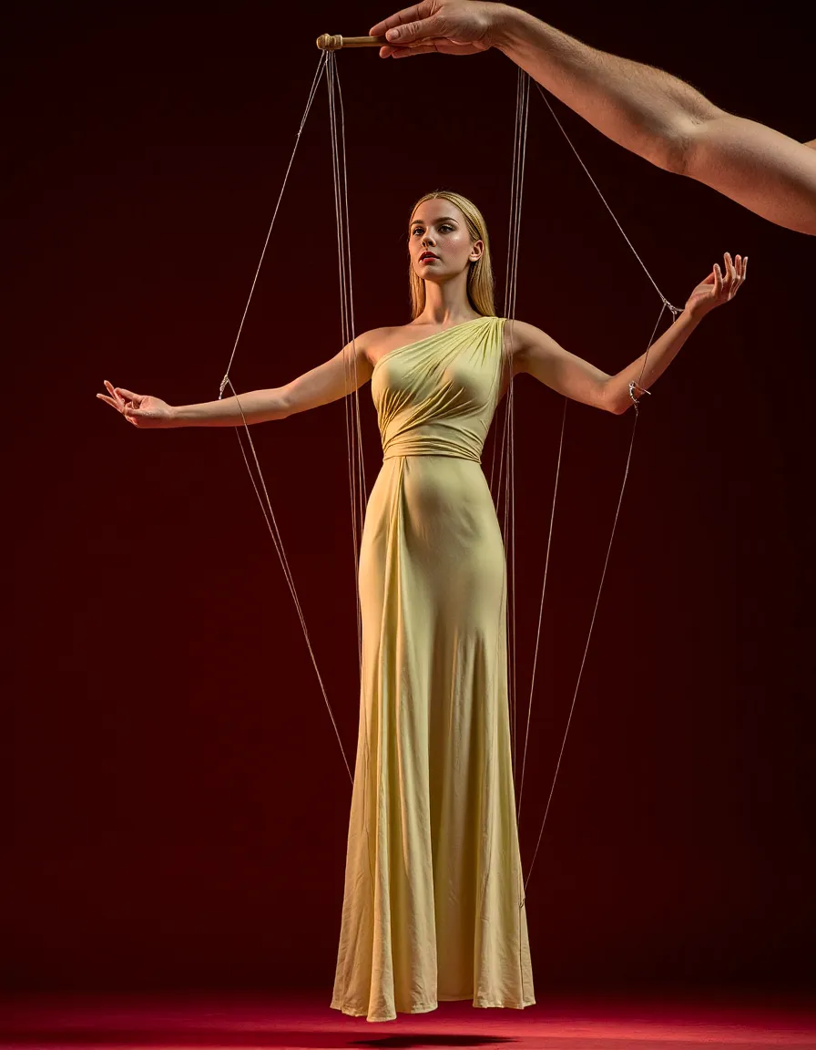 Conceptual fashion photograph featuring a person in a flowing yellow gown against a deep red backdrop, with puppet strings creating artistic tension