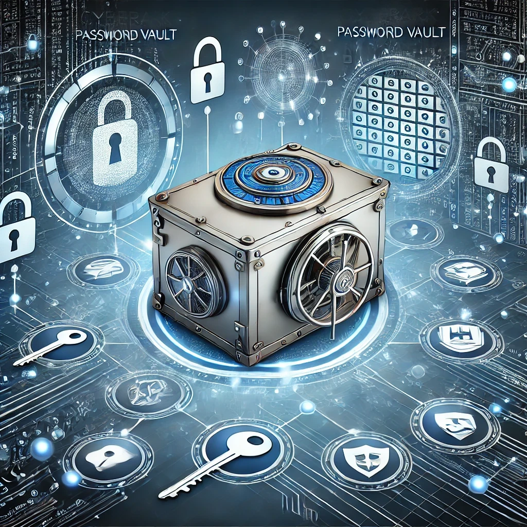 n image depicting a secure digital vault representing CyberArk Password Vault. The illustration shows a central vault surrounded by digital icons such as keys, padlocks, and security shields, emphasizing the robust security features and encryption capabilities of the CyberArk Password Vault. The design highlights the importance of secure credential storage and management in protecting sensitive data and privileged access.