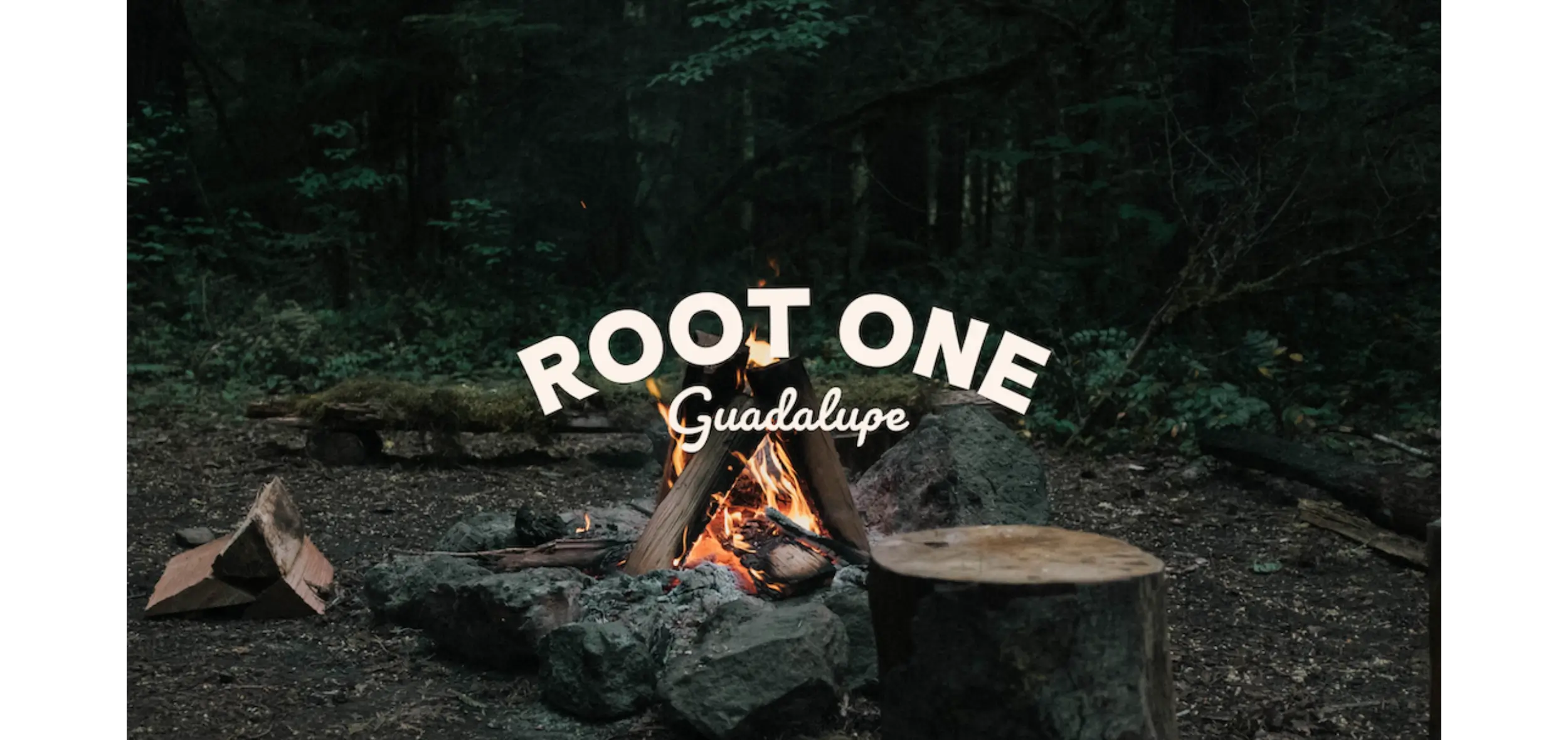 Image of camp fire with Root One branding 
